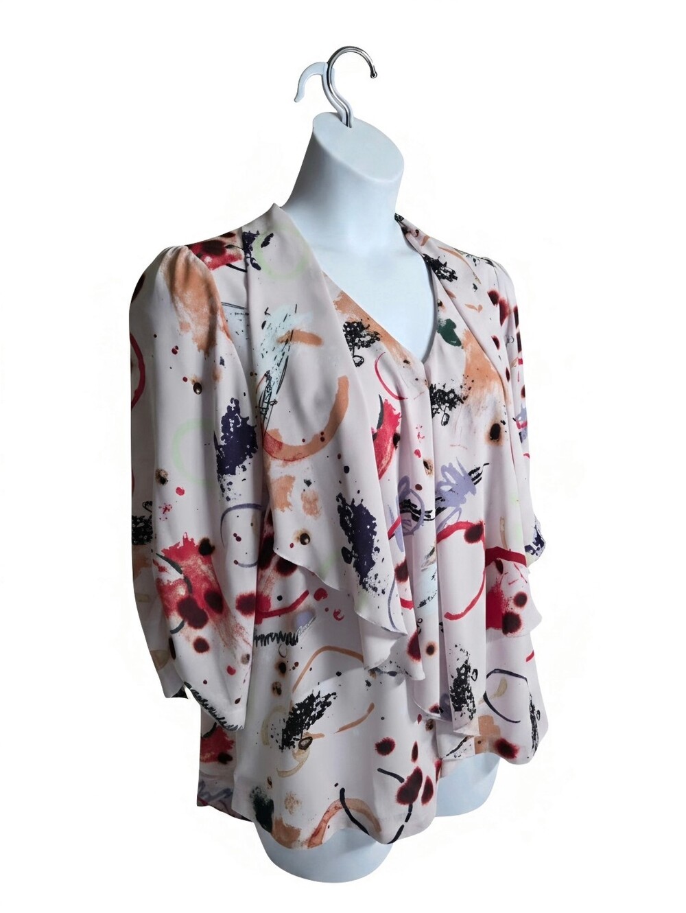 Melissa McCarthy Seven7 Watercolor Drape Front Blouse - White, Red, Purple, Tan - Picture 3 of 11